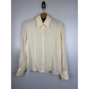 Ann Taylor 10 Silk Blouse Cream Ivory Dobby Striped Button Up Top Minimalist 90s